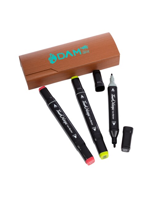 Imagen 0 de Estuche de madera con set de 3 rotuladores en colores variados. Doble punta: fina y ancha en el mismo rotulador. Negro, carmín y amarillo verde.