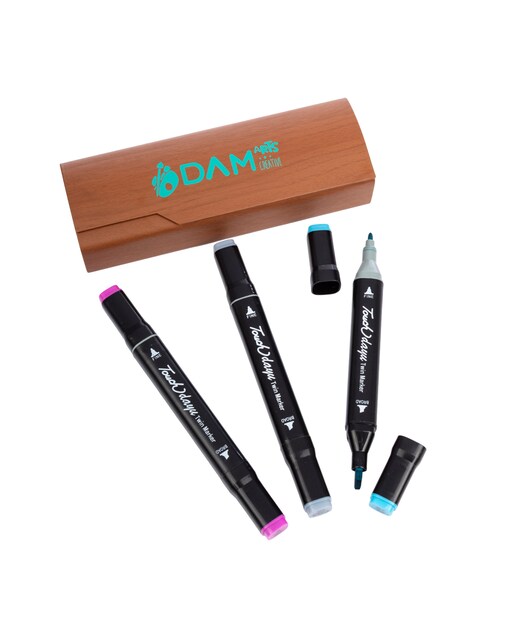 Imagen 0 de Estuche de madera con set de 3 rotuladores en colores variados. Doble punta: fina y ancha en el mismo rotulador. Rosa, azul y gris.