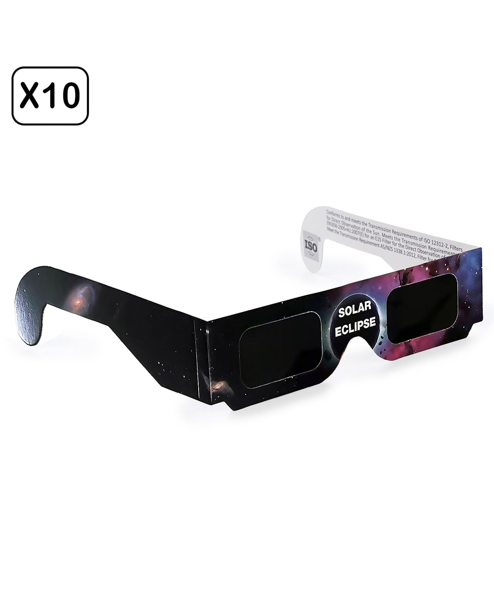 Imagen 0 de Pack de 10 gafas especialmente diseñadas para la observación de eclipses solares. Homologadas ISO 12312-2:2015. Diseño galaxia.