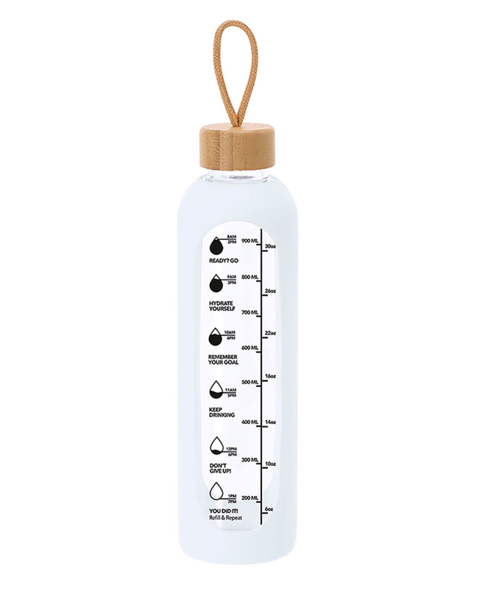 Imagen 0 de Bidón de cristal de 1L de capacidad, diseñado para fomentar una hidratación adecuada. Incluye indicador de capacidad en litros y onzas. Libre de BPA.