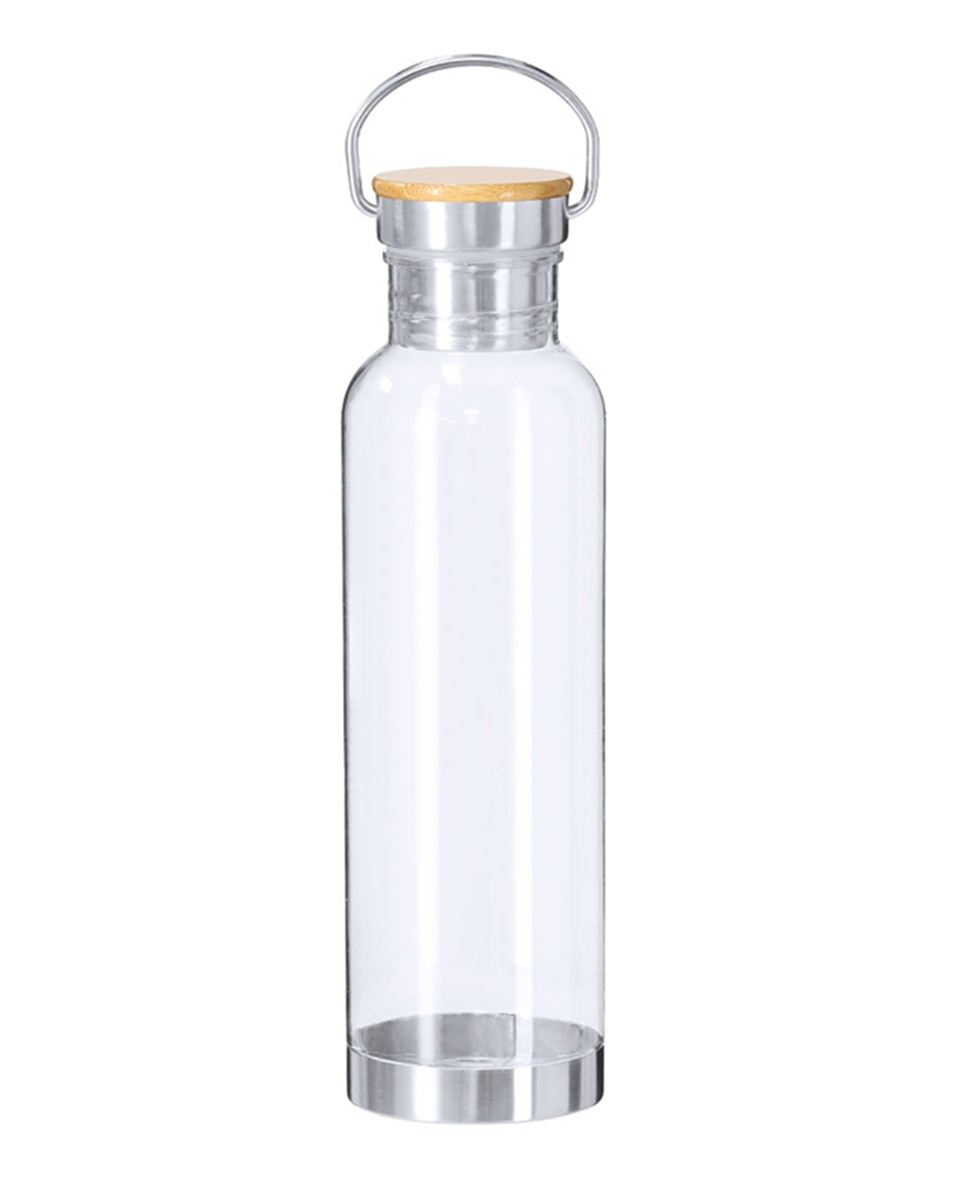 Imagen 0 de Bidón en RPET con capacidad de 800 ml. Cuerpo en RPET transparente. Tapón a rosca equipado con asa de trasporte en acero inoxidable con tapa en bambú.