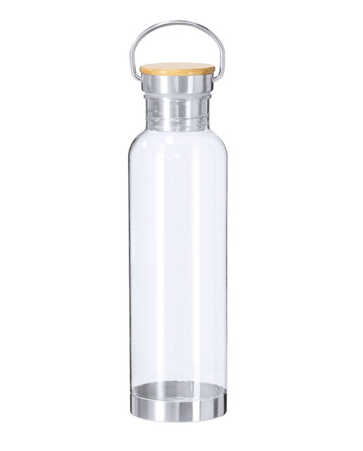 Imagen 0 de Bidón en RPET con capacidad de 800 ml. Cuerpo en RPET transparente. Tapón a rosca equipado con asa de trasporte en acero inoxidable con tapa en bambú.