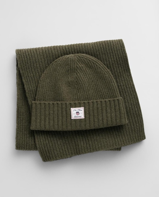 Imagen 0 de Set de invierno unisex que incluye gorro y bufanda de mezcla de lana, con tejido acanalado y logo bordado en el gorro.