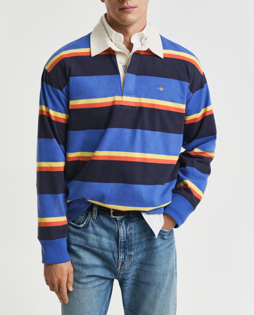Imagen 0 de Rugger de hombre en algodón con corte relajado, diseño a rayas multicolor y logo bordado en el pecho.