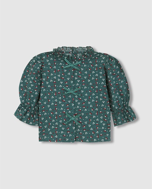 Imagen 0 de Camisa de niña con estampado vichy y flores con lazos a contraste