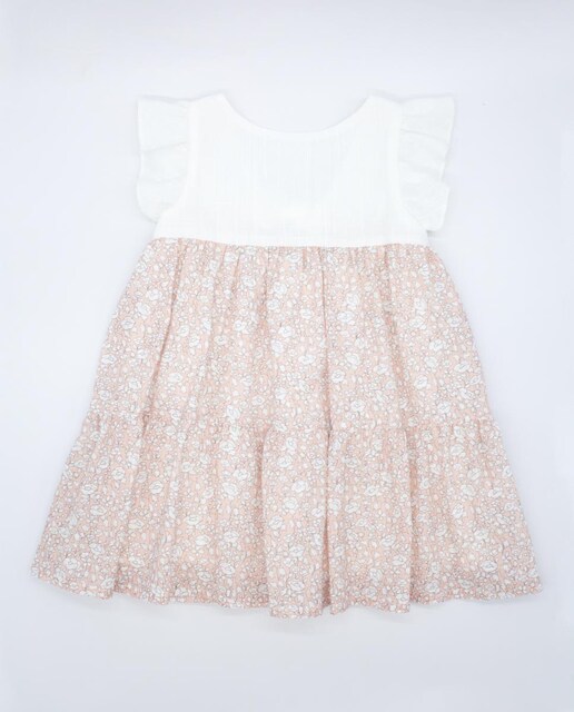 Imagen 0 de Vestido con el cuerpo en  y falda estampada de flores albaricoque. Con volantes en las sisas, falda fruncida de volantes.