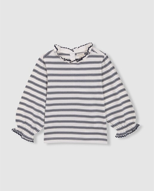 Imagen 0 de Camiseta de niña de rayas con volante en cuello y puños