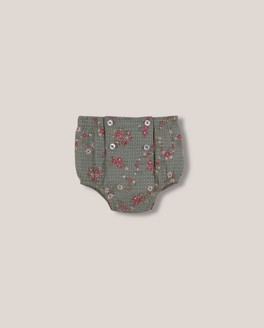 Imagen 0 de Pantalón bombacho de bebé verde con estampado de flores, con botones en frontal