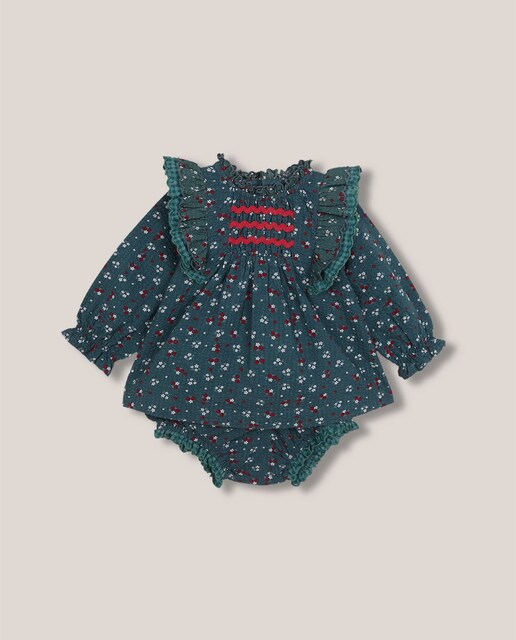 Imagen 0 de Vestido de bebé estampado con doble volante y cubrepañal a juego