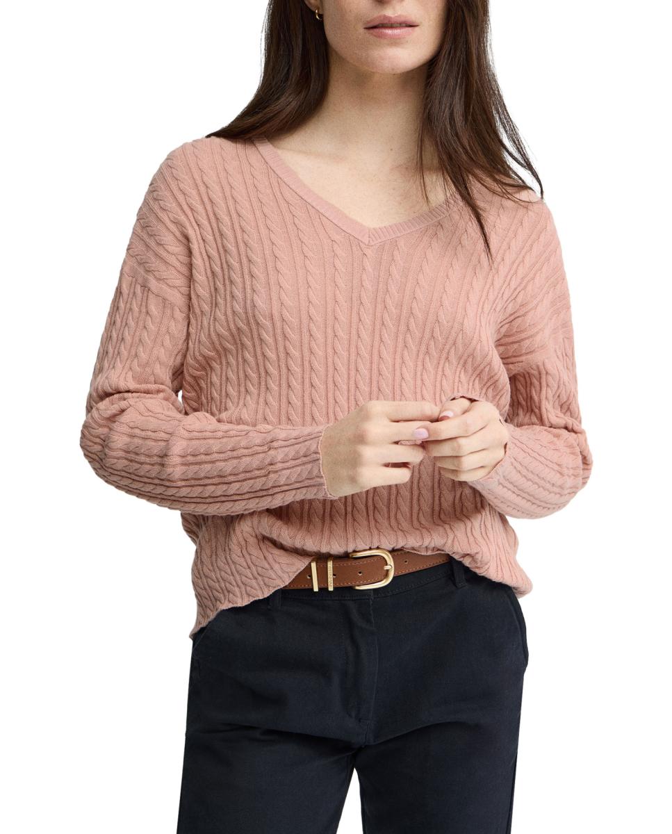 Imagen 0 de Jersey de mujer trenzado con escote en pico y manga larga, de estilo casual y corte recto