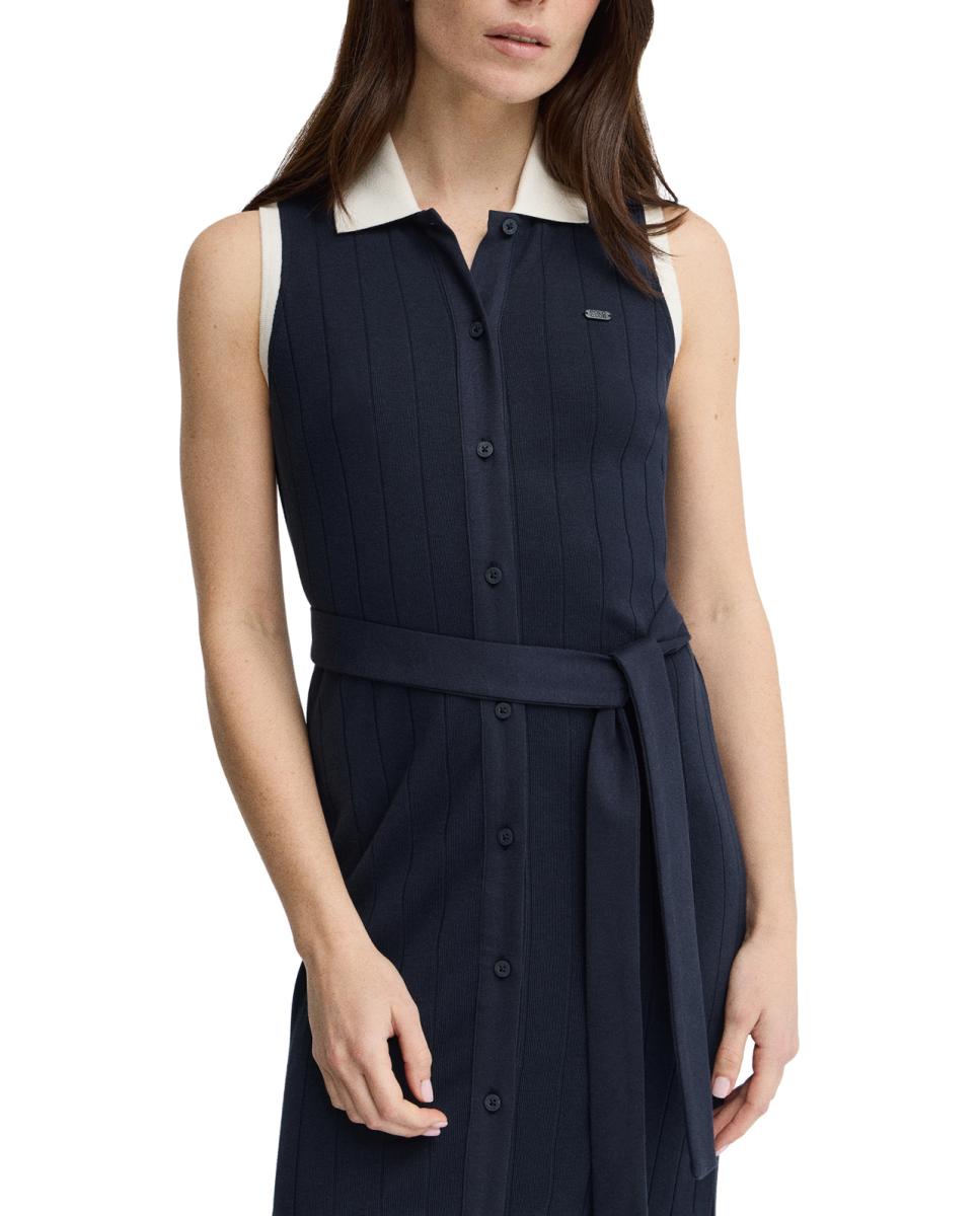 Imagen 0 de Vestido largo sin mangas, con cuello acanalado tipo polo, cierre frontal de botones y lazada en la cintura