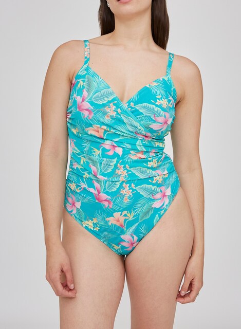 Imagen 0 de Bañador de mujer estampado de hojas con escote pico y drapeado en lateral