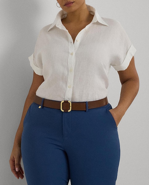 Imagen 0 de Camisa de mujer talla grande de lino de manga corta