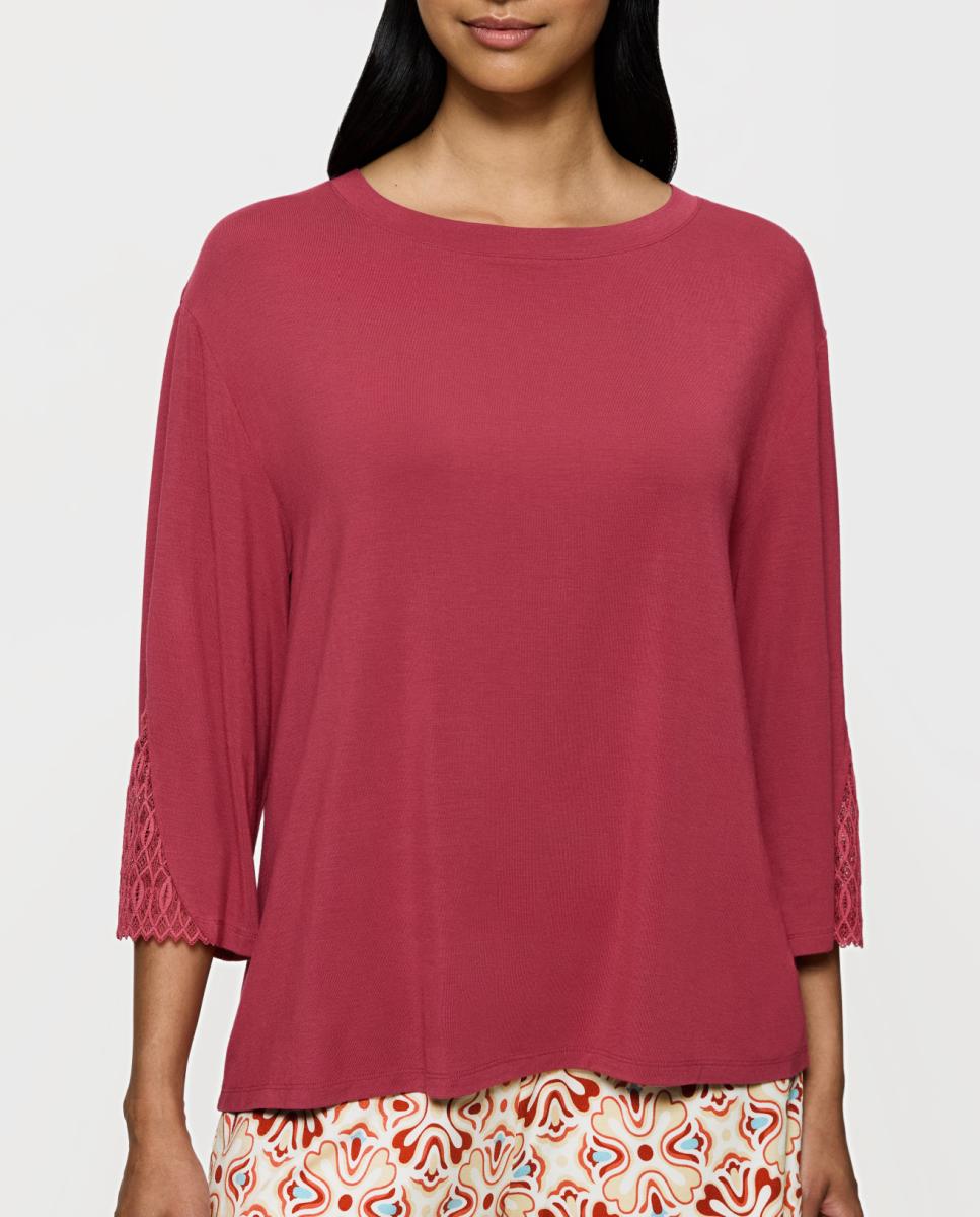 Imagen 0 de Camiseta de pijama de manga francesa de tencel™ modal con delicada aplicación de encaje