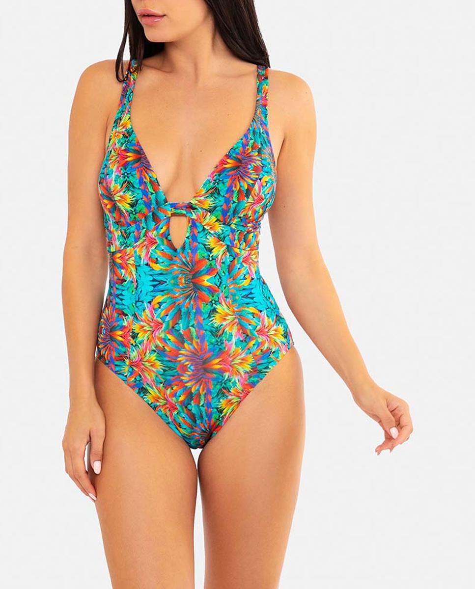 Imagen 0 de Bañador para mujer en con estampado tropical y detalle de anudado frontal