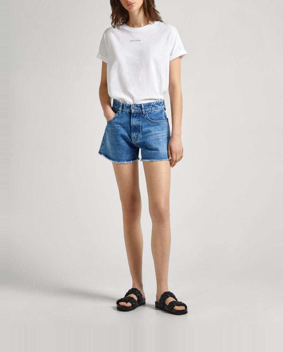 Imagen 0 de Shorts vaqueros de mujer tiro alto con bajo deshilachado
