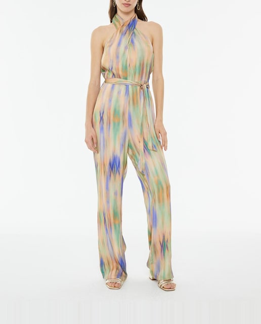 Imagen 0 de Mono largo de mujer estampado aguas con escote halter y cinturón