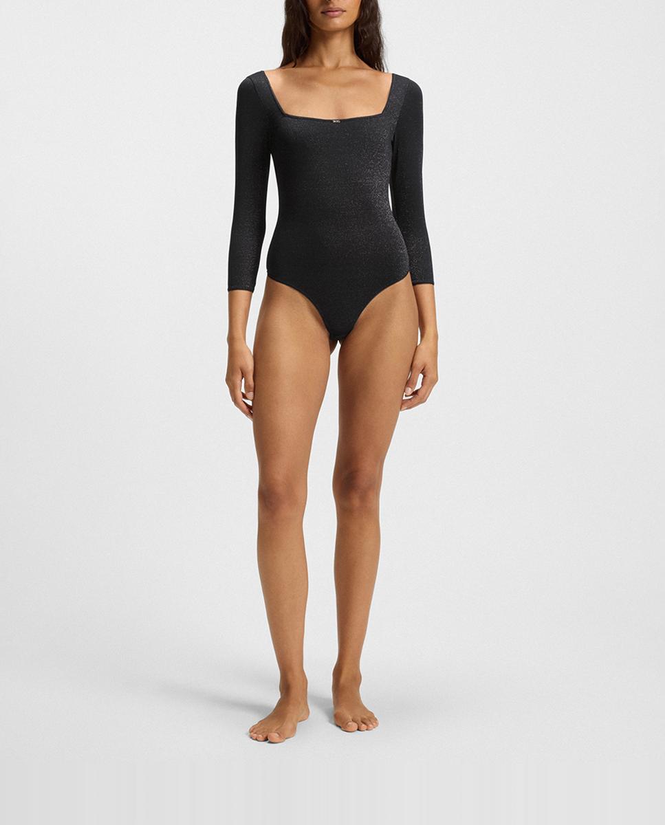 Imagen 0 de Body escote ballet  en formato regalo  color negro con logo BOSS y lurex dorado.