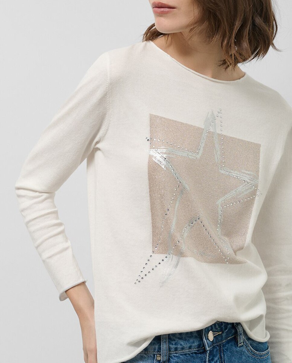 Imagen 0 de Camiseta de mujer manga larga punto tricotado crudo estrella