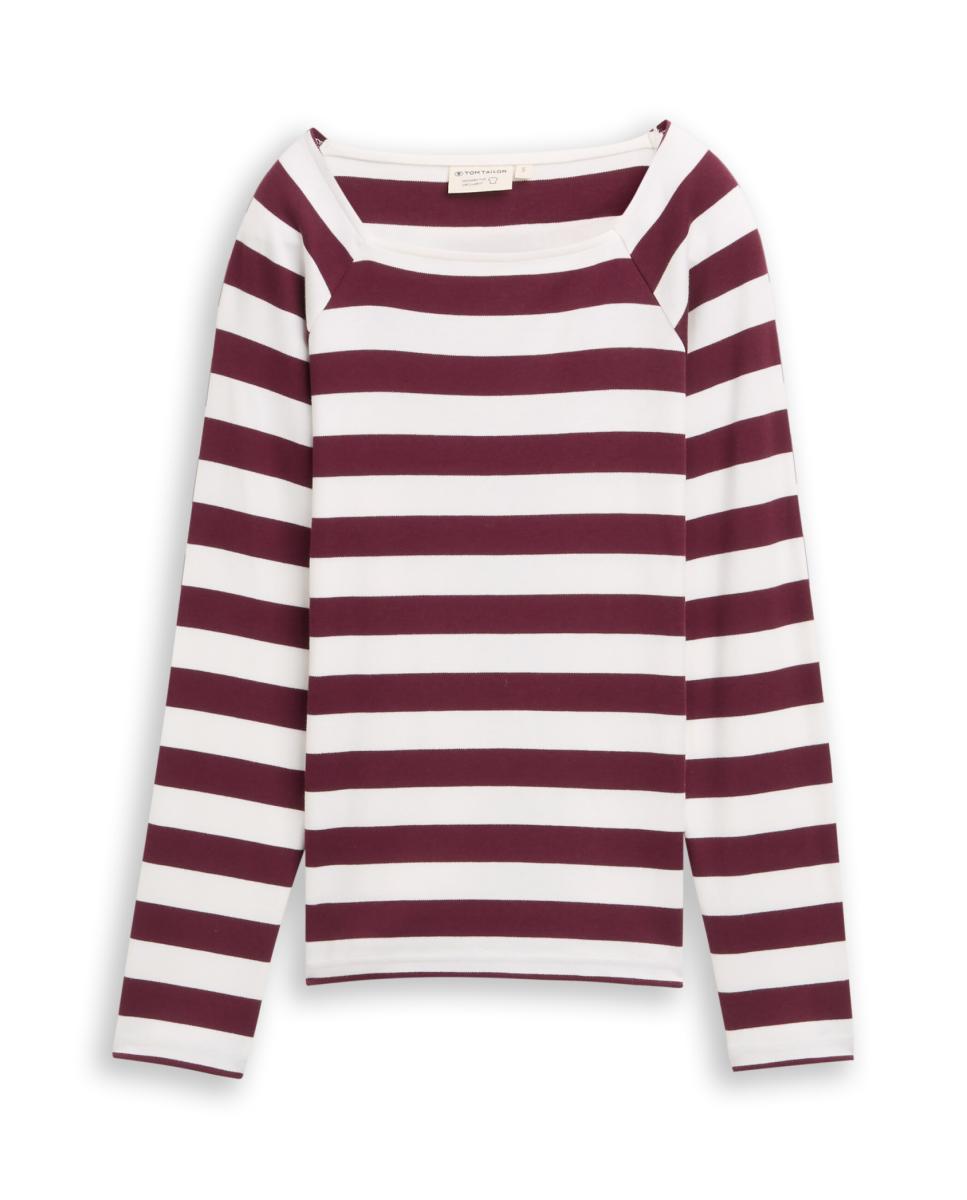 Imagen 0 de Camiseta de mujer de manga larga de rayas con cuello redondo
