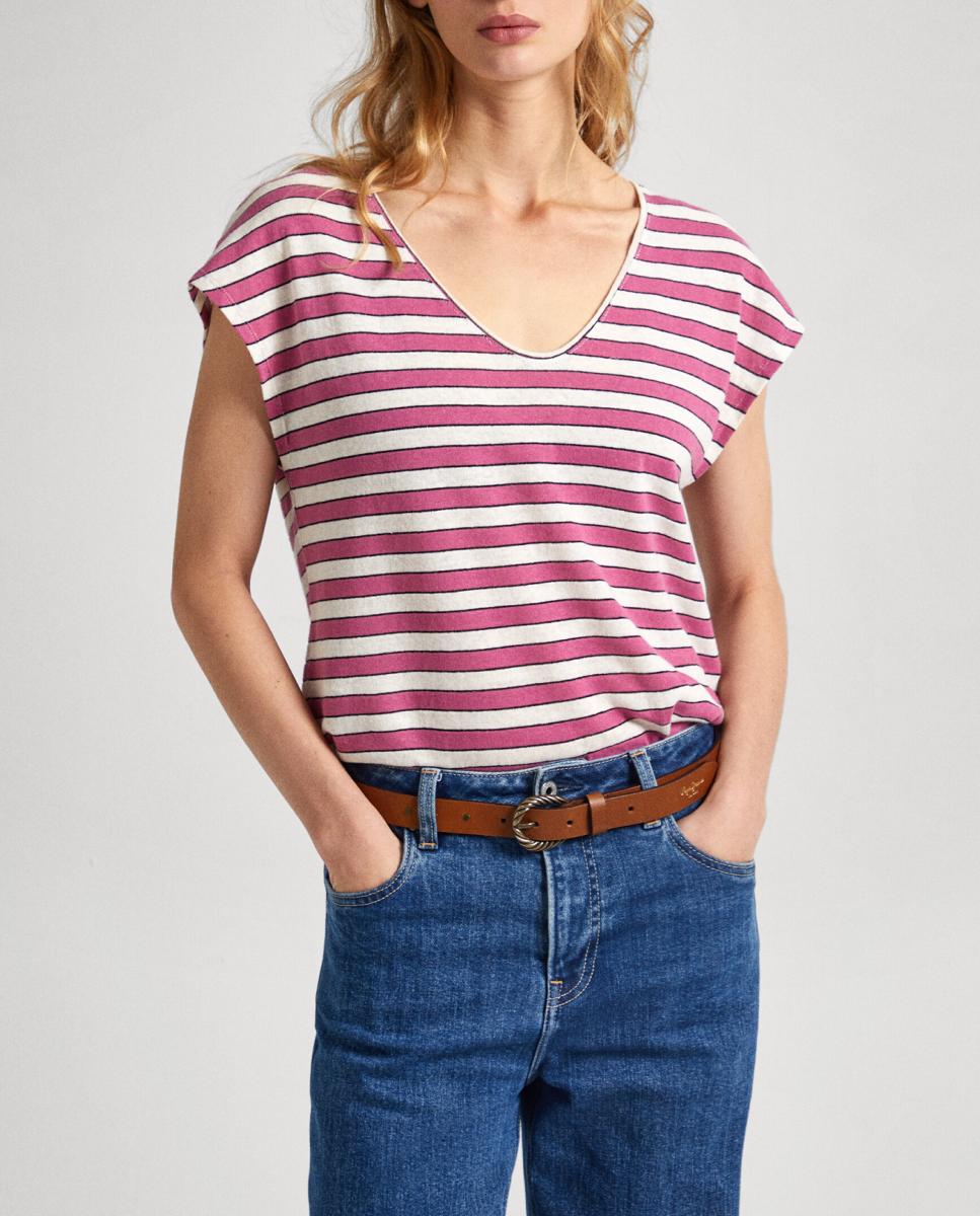 Imagen 0 de Camiseta de mujer cuello pico con estampado de rayas