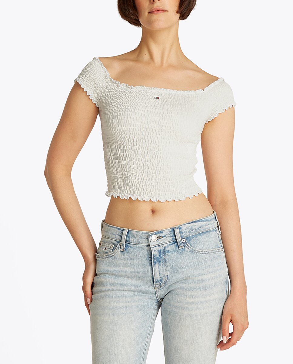 Imagen 0 de Crop Top de mujer con tejido smock y cuello barco