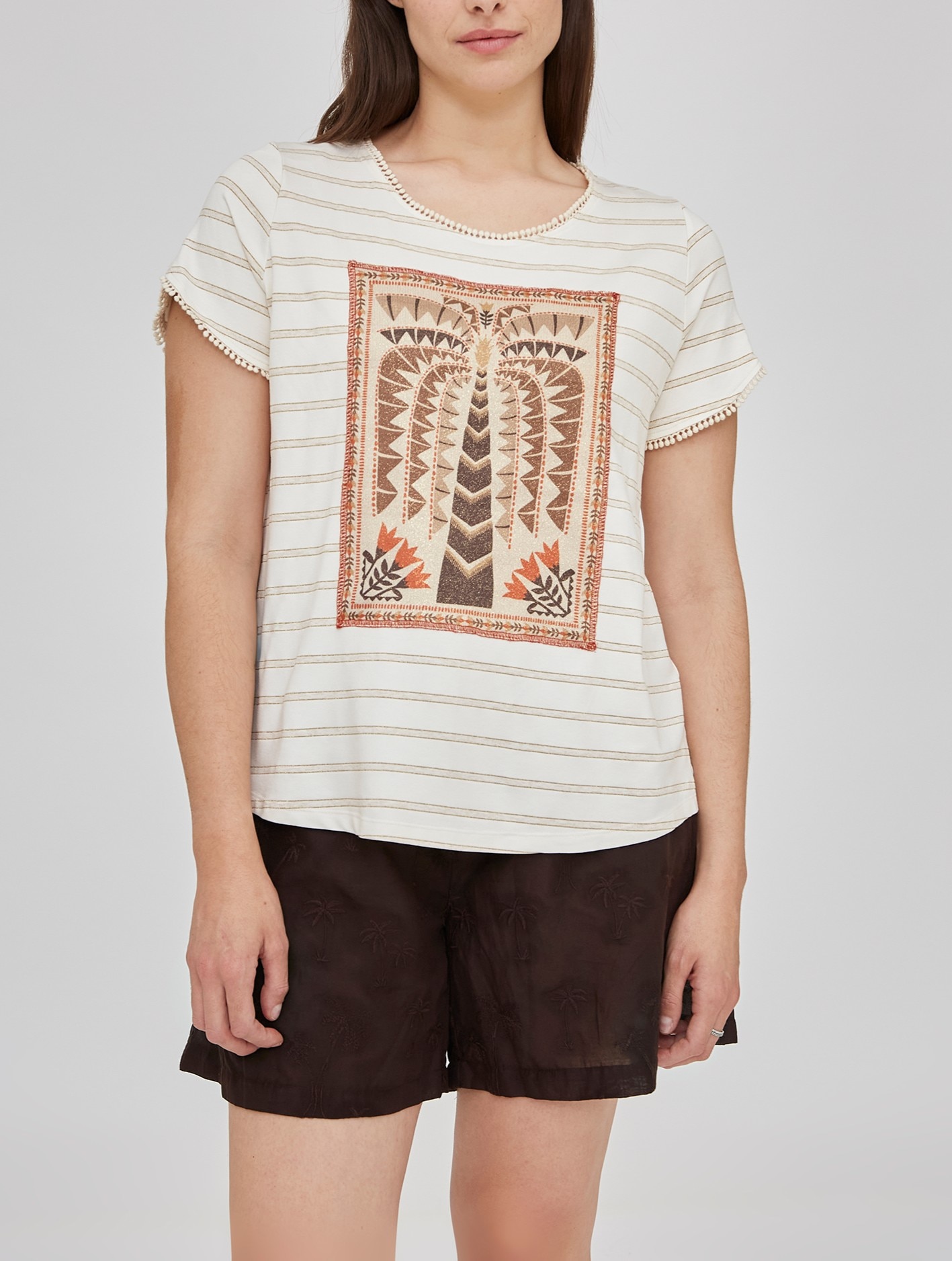 Imagen 0 de Camiseta de mujer rayas con hilo metalico y estampado en delantero