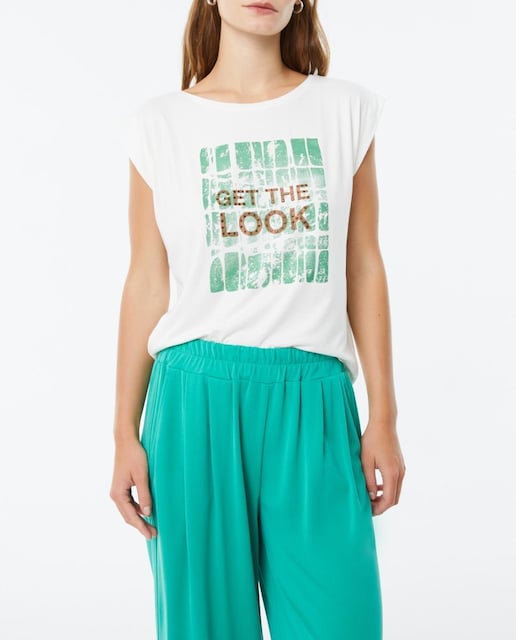 Imagen 0 de Camiseta de mujer de manga corta caída con cuello redondo y dibujo frontal