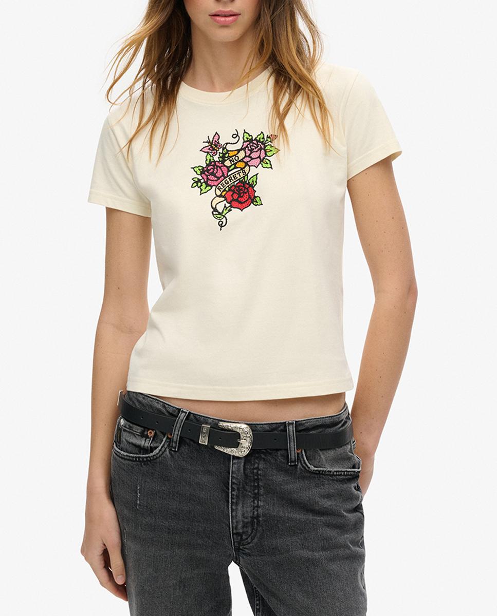 Imagen 0 de Camiseta de mujer ajustada con pequeños tatuajes y strass