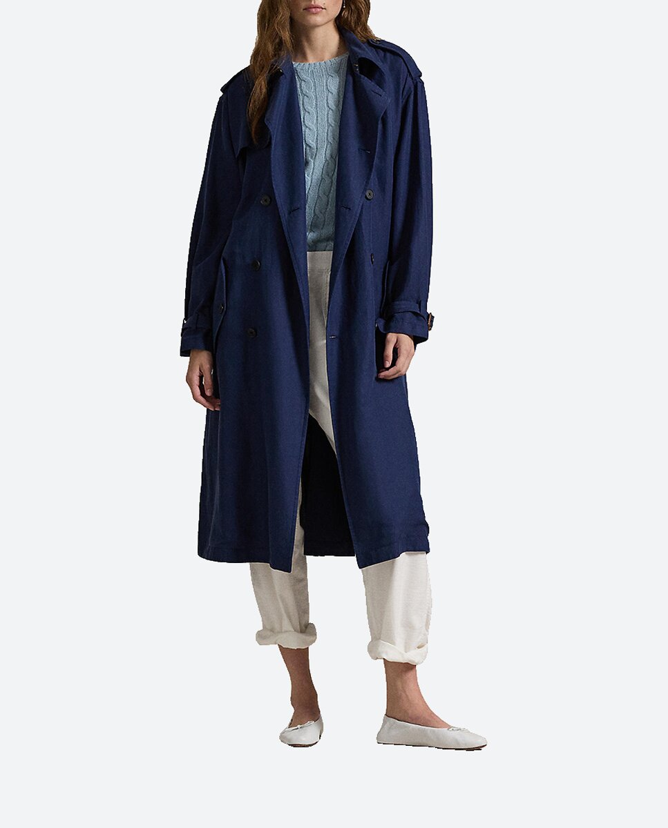 Imagen 0 de Gabardina de mujer azul marino con doble botonadura