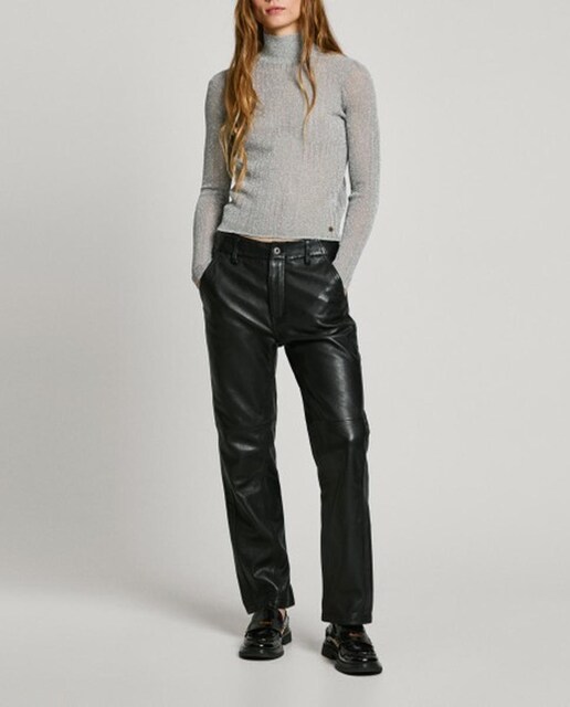 Imagen 0 de Pantalón recto de mujer de cuero y cintura media