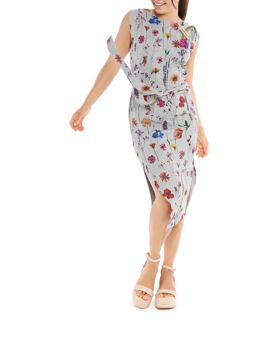 Imagen 0 de Vestido midi estampado con manga caída y cinturón para ajustar en la cintura