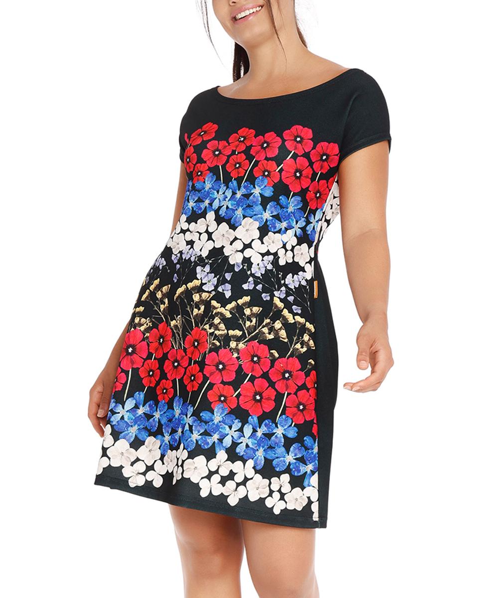 Imagen 0 de Vestido línea A estampado con escote semi barco y manga corta