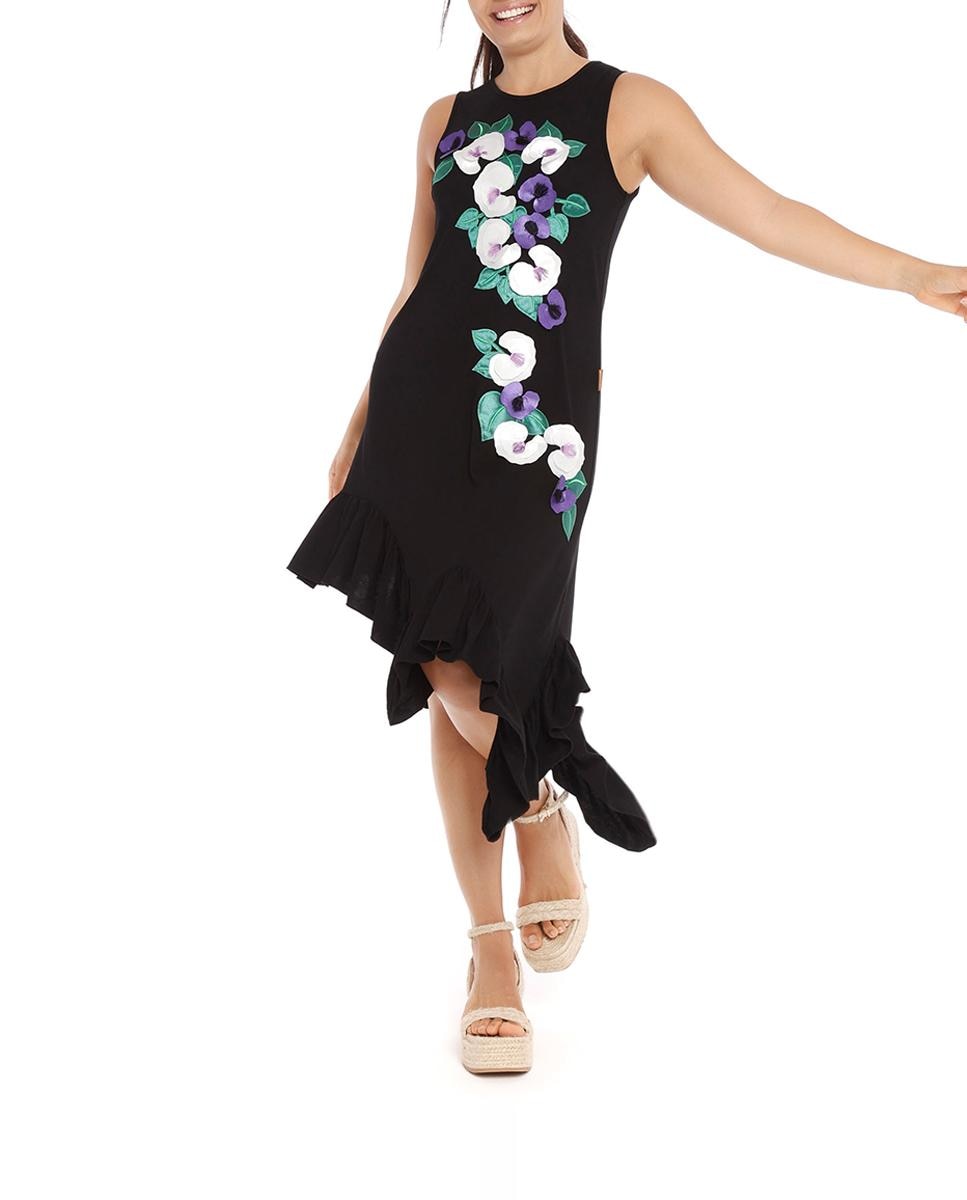 Imagen 0 de Vestido fluido con bajo asimétrico y bordado en delantero
