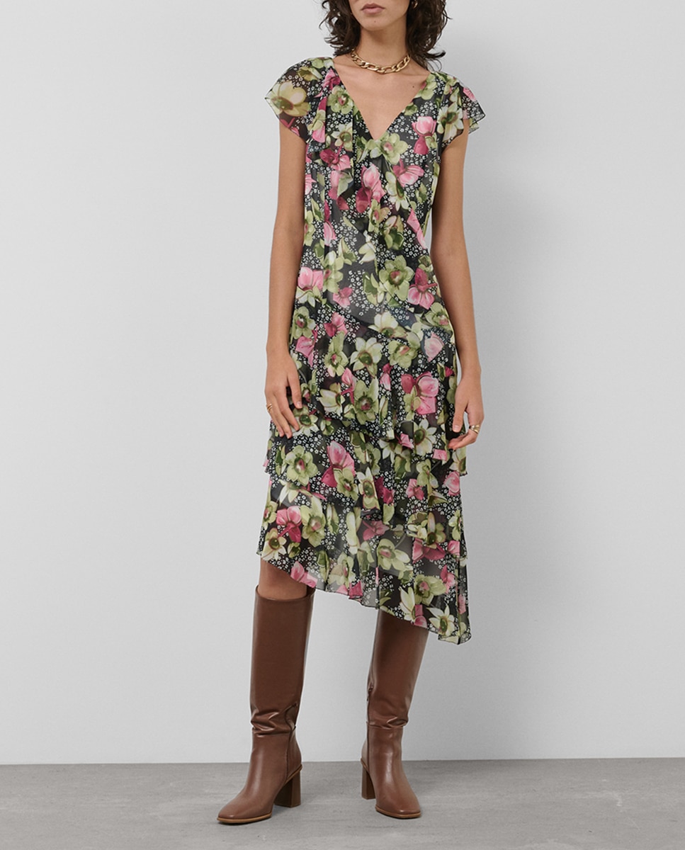 Imagen 0 de Vestido asimétrico con volantes crepe georgette estampado floral