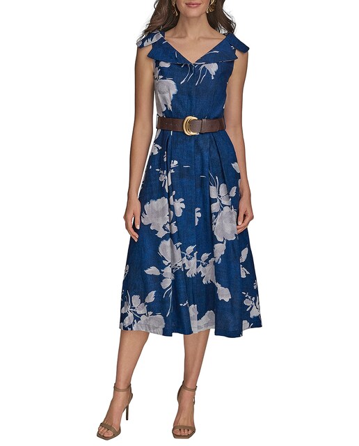Imagen 0 de Vestido de estampado floral y escote pico con cuello camisero