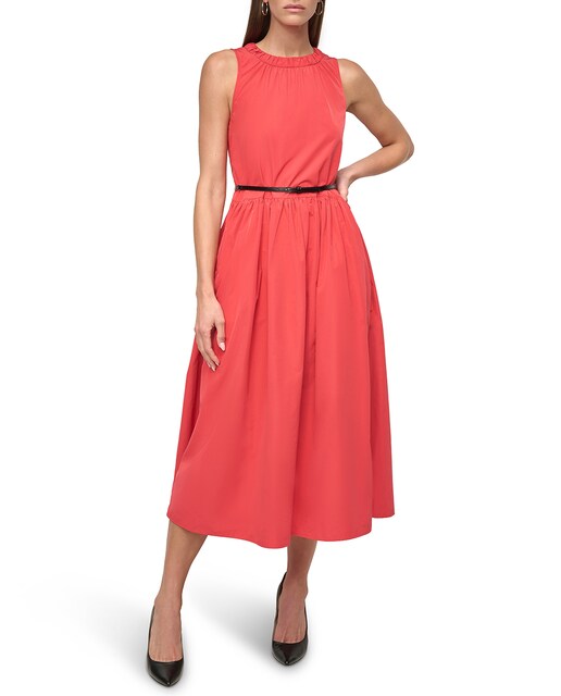 Imagen 0 de Vestido midi de cuello fruncido con cinturón