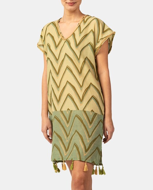 Imagen 0 de Caftán de mujer de algodón con print geométrico en verde