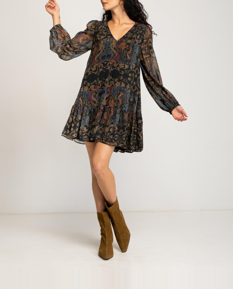 Imagen 0 de Vestido corto con mangas abullonadas y volantes de mujer