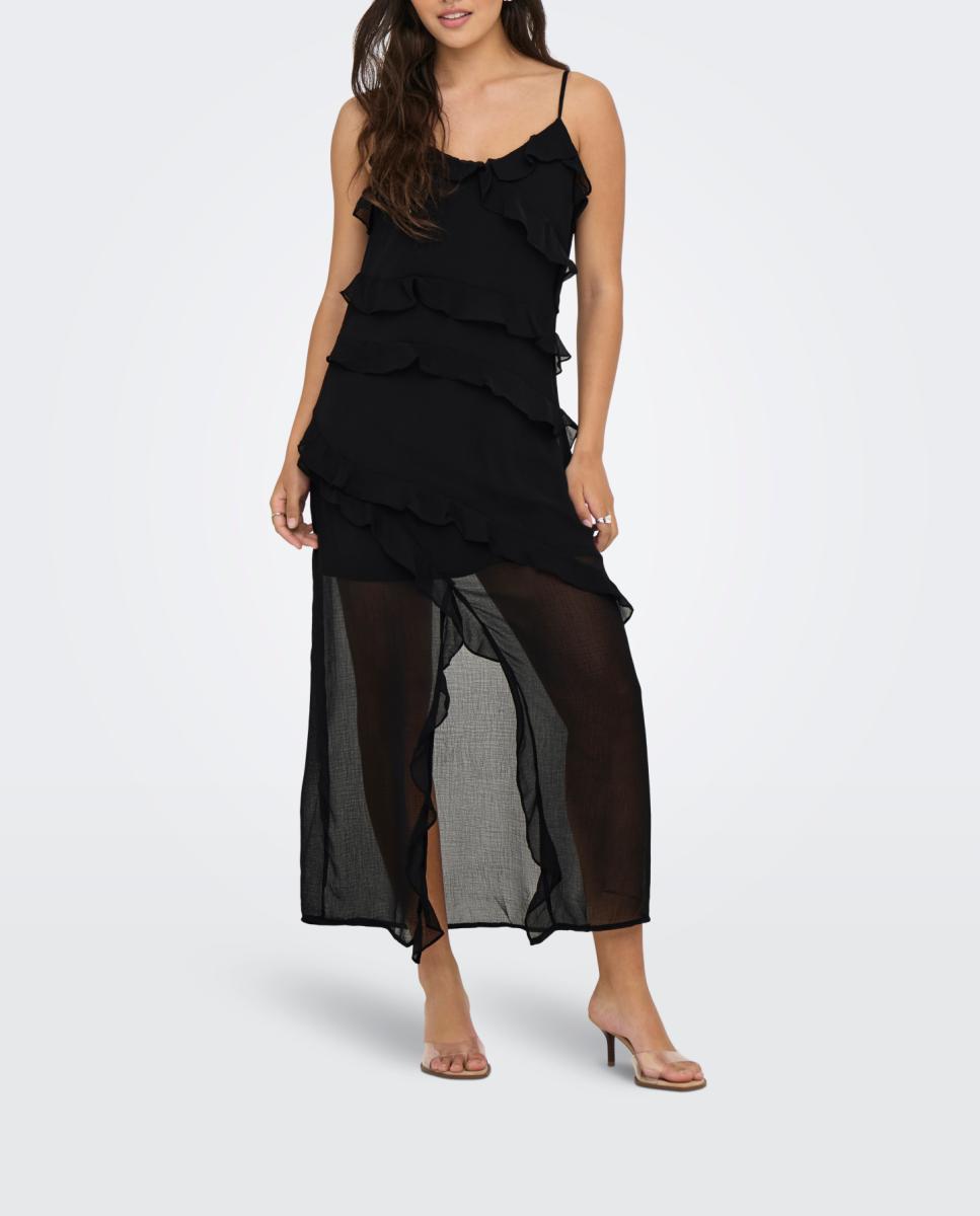 Imagen 0 de Vestido largo con volantes y transparencias de mujer