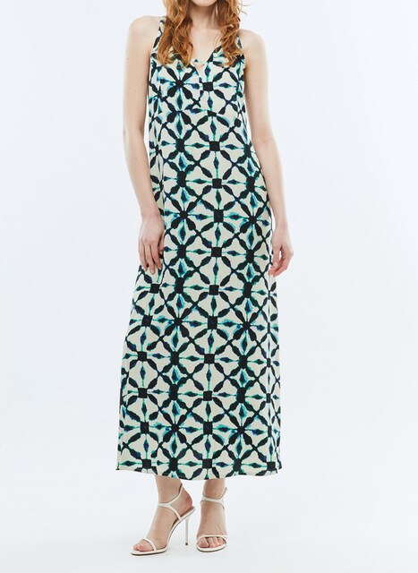 Imagen 0 de Vestido largo estampado, cuello pico y tirantes. Forrado