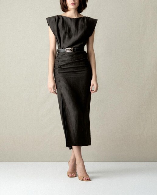 Imagen 0 de Vestido midi manga caída frunce arrugado