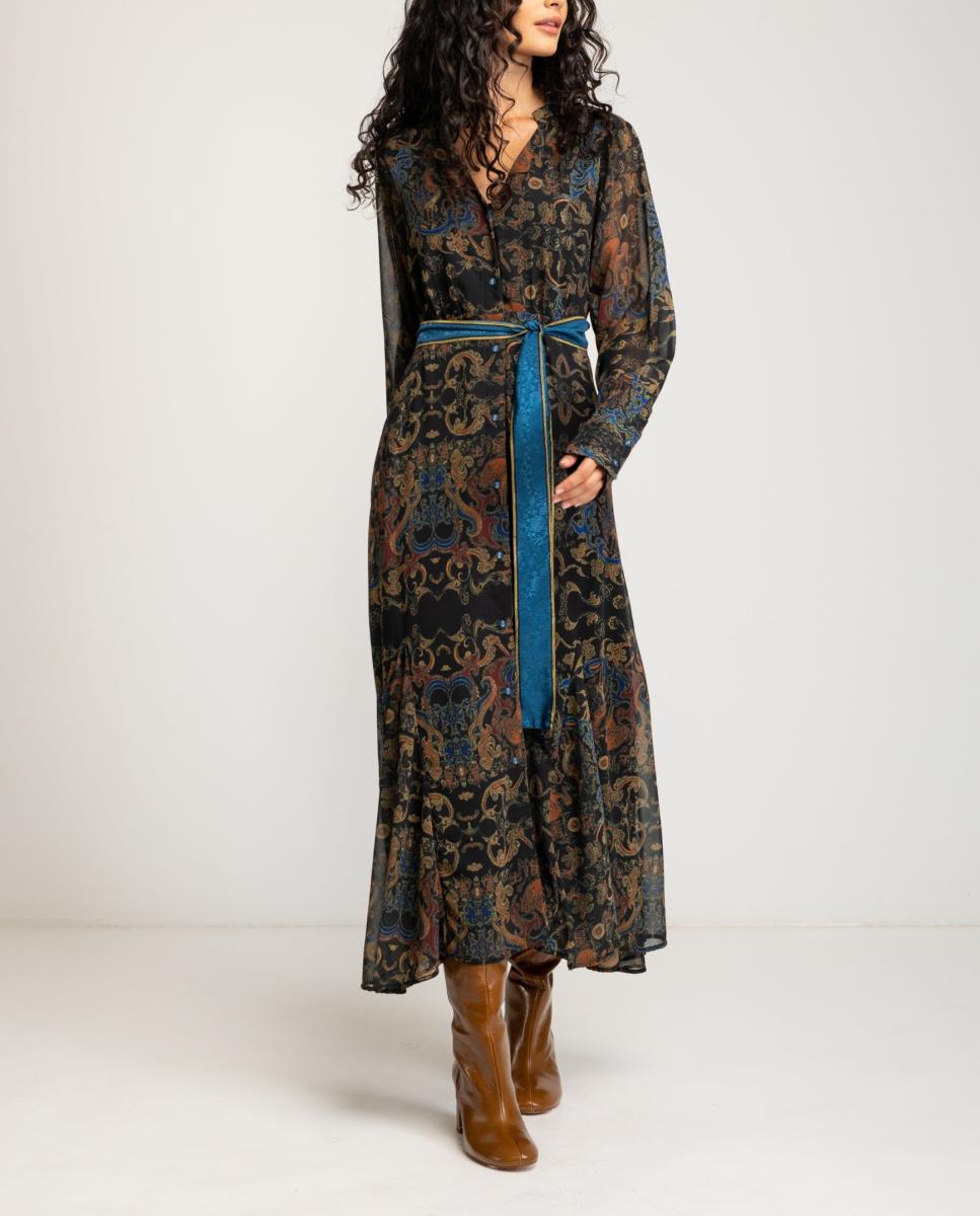 Imagen 0 de Vestido largo con cinturón azul de mujer