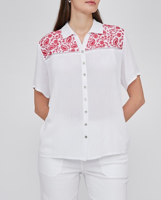 Imagen 0 de Blusa de mujer cuello solapa y manga corta con bordado