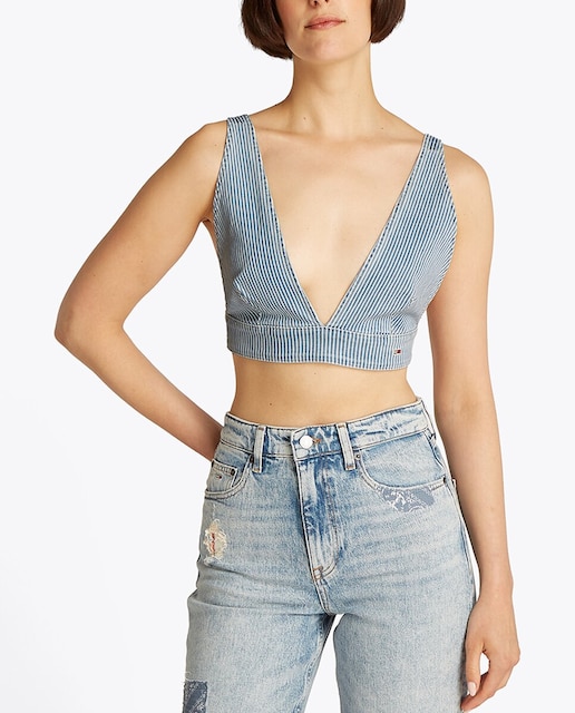 Imagen 0 de Crop Top de mujer con tejido vaquero y diseño a rayas