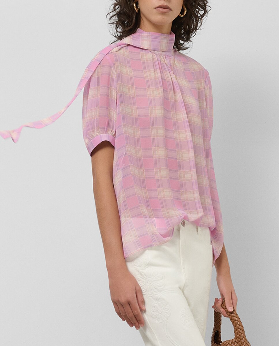 Imagen 0 de Blusa de mujer manga corta y cuello anudado cuadros