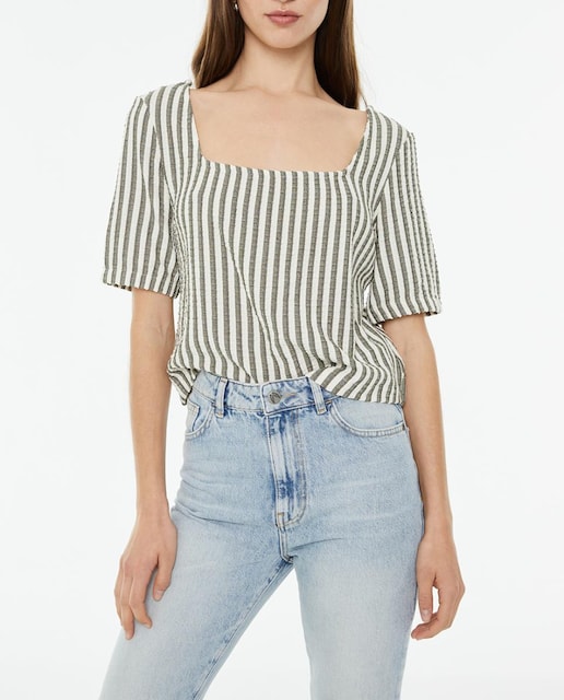 Imagen 0 de Camisa de mujer de rayas manga tres cuartos abullonada y escote cuadrado