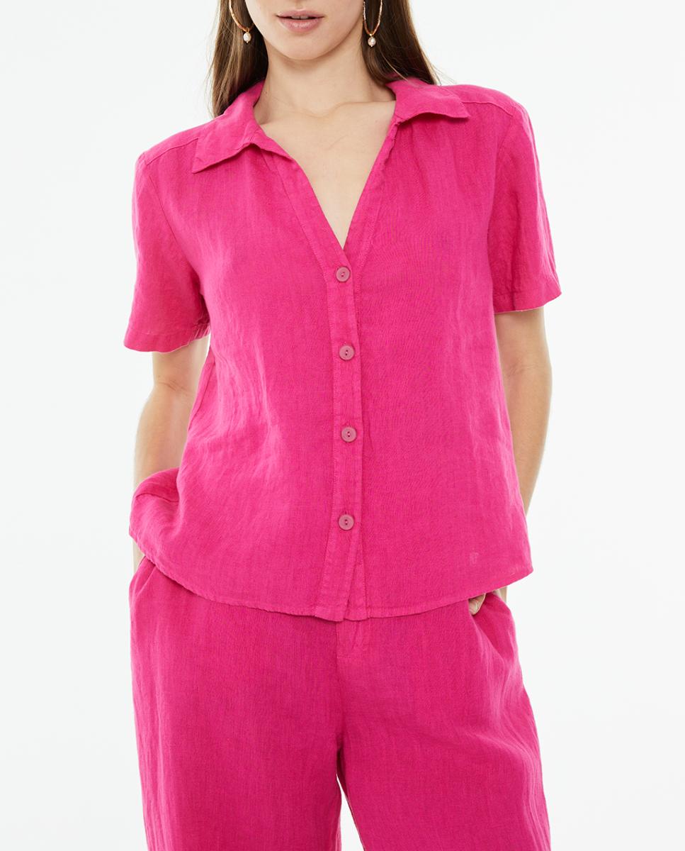 Imagen 0 de Camisa de mujer de lino de manga corta con escote camisero