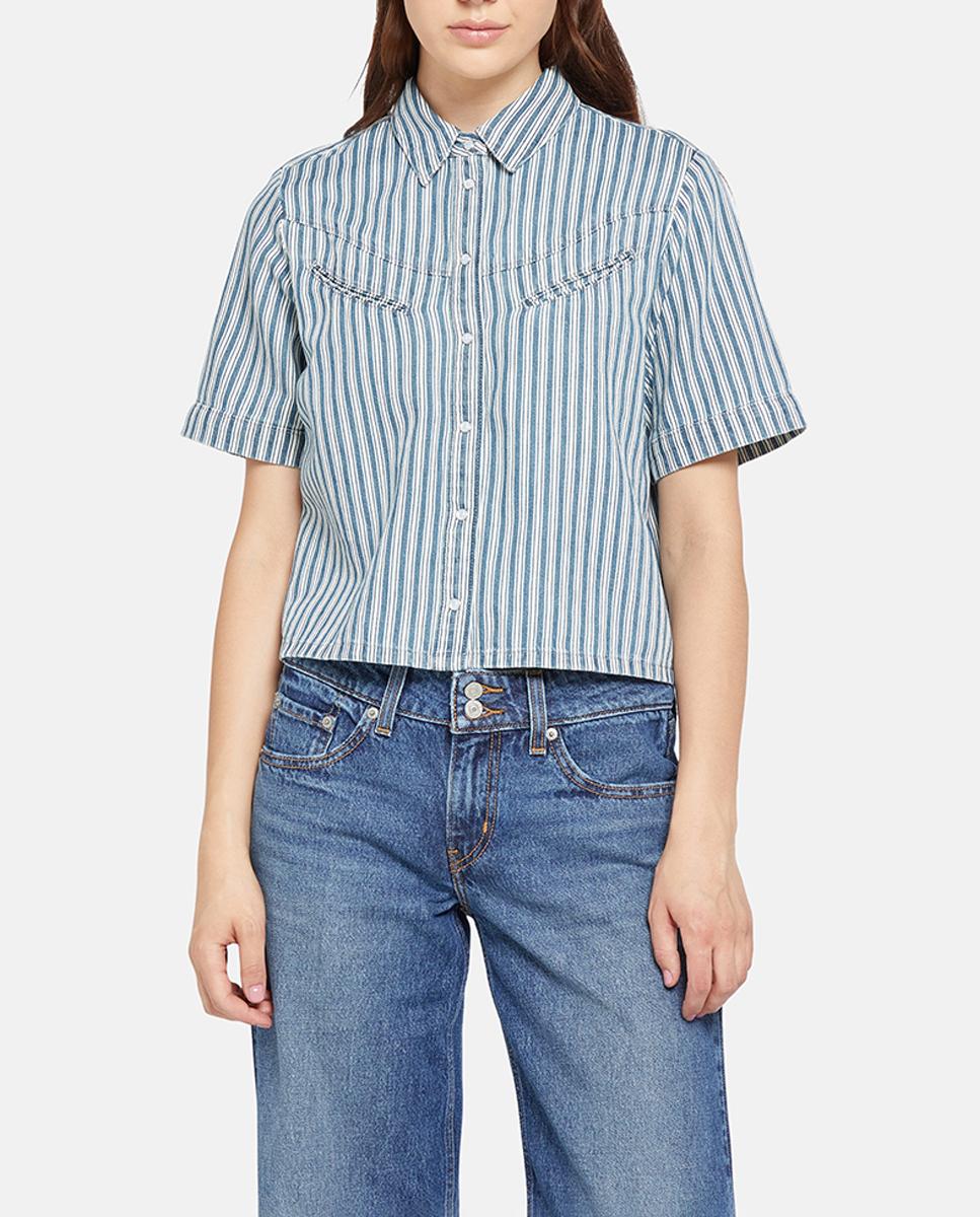 Imagen 0 de Camisa vaquera de mujer de manga corta con algodón y cáñamo