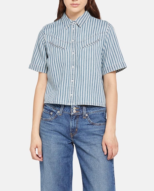 Imagen 0 de Camisa vaquera de mujer de manga corta con algodón y cáñamo